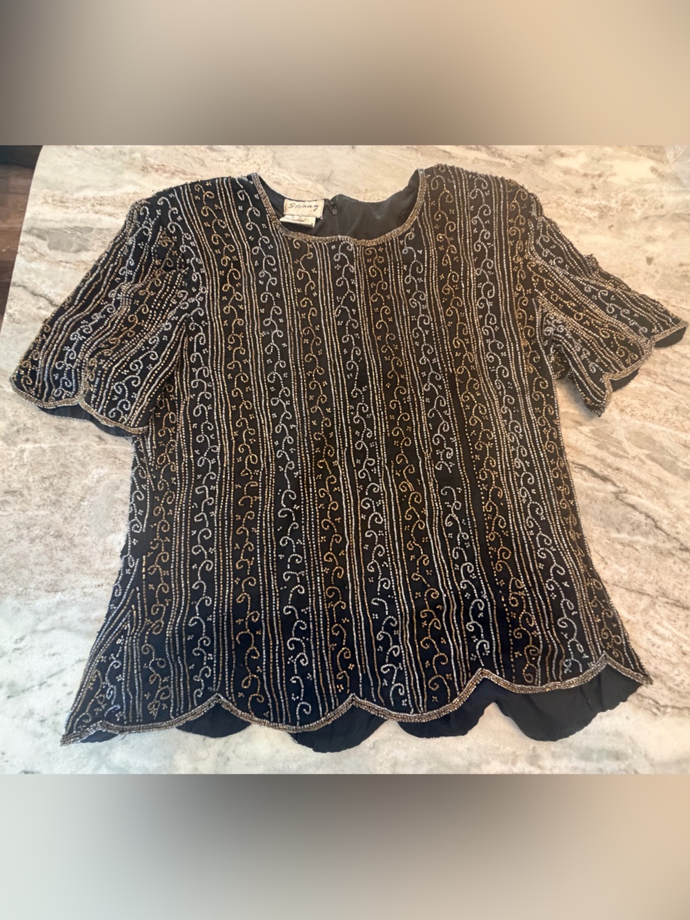 Stenay Black 100% Silk Beaded Evening Blouse Metallic Scalloped Hem xl